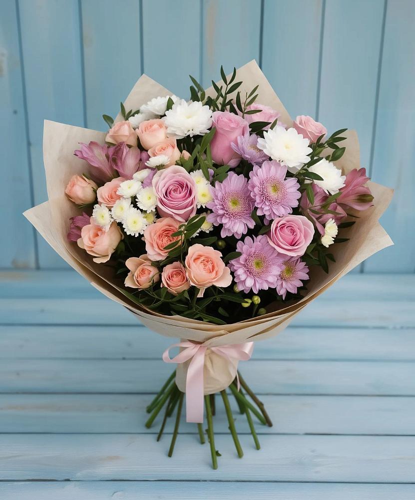 Букет цветов из: Хризантемы, Розы и Альстромерии в Сорокино