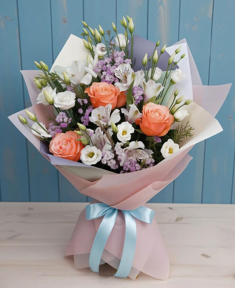 Букет цветов из: Лизиантусы, Розы, Альстромерии и Гипсофила в Сорокино