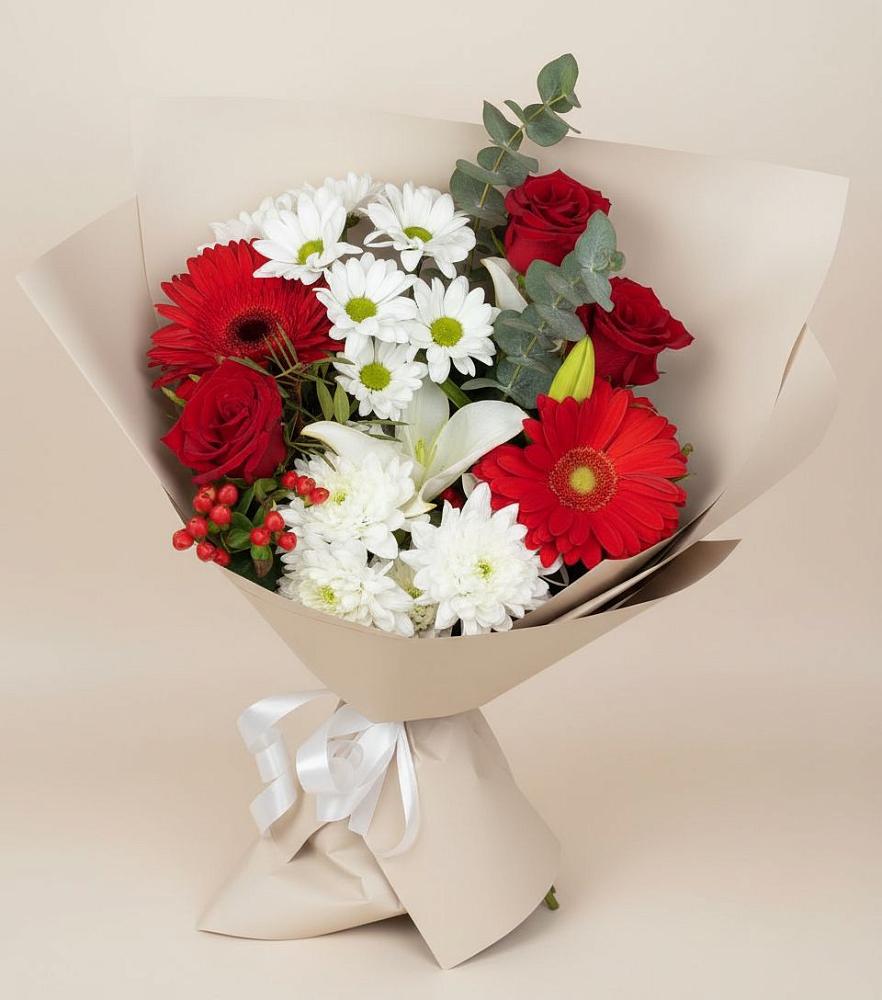 Букет цветов из: Розы, Хризантемы, Герберы и Лилии в Сорокино