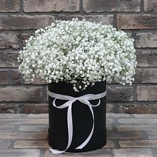 Цветочная композиция из Гипсофила в шляпной коробке в Сорокино