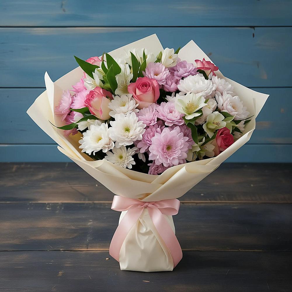 Букет цветов из: Хризантемы, Альстромерии и Розы в Сорокино